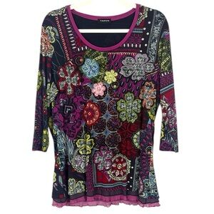 Taifun Multicoloured 3/4 Sleeve Ruffled Hem Graphic Blouse Size 14